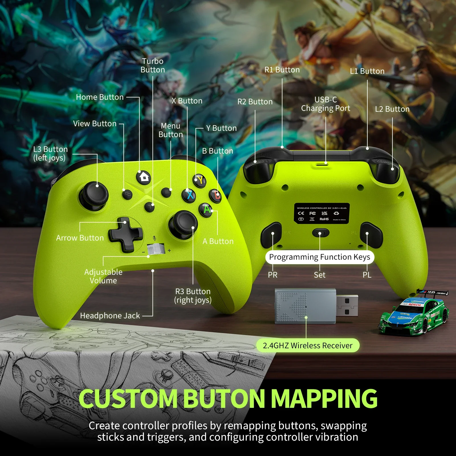 Wireless Controller für Xbox One, Xbox Series X, S PC CONTROL ADD Double Vibration TURBO Keys Programmierfunktion