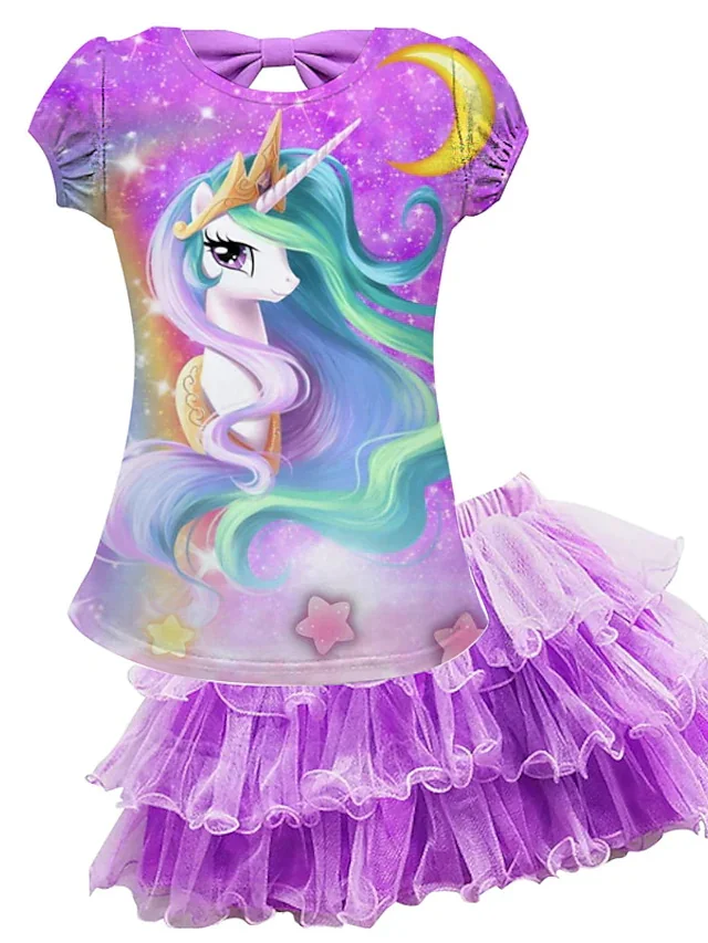 Hibobi-Camiseta de manga corta con estampado de unicornio y manzana para niña, vestido de retazos de malla de Color sólido, 2 piezas