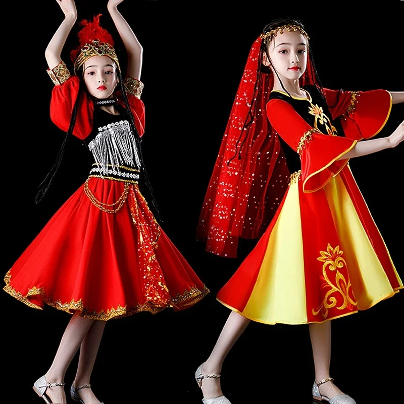 Xinjiang Uygur Skirt Tibetan Dance Costume for Girls Traditional Minority Folk Dance Clothing Modern Hmong Practice Dance Dress