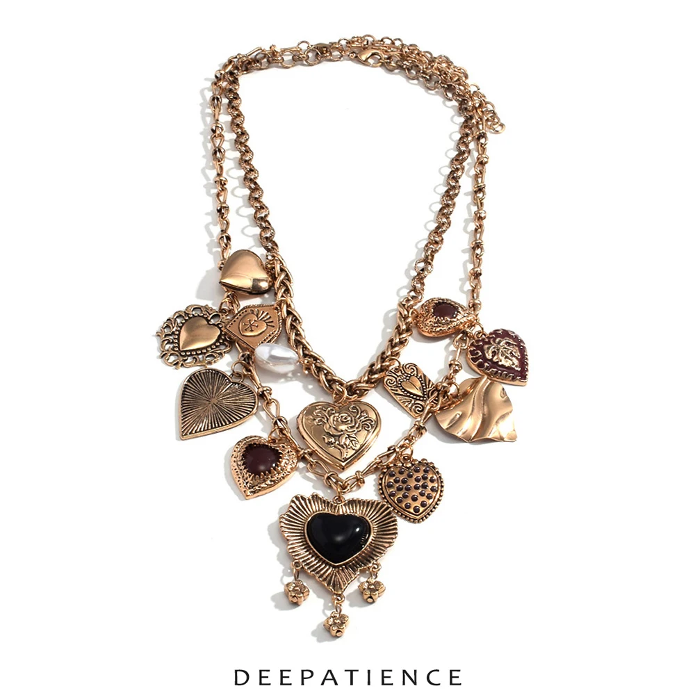 

DEEPATIENCE Vintage Metal Heart Choker Necklace for Women Exaggerated Double Layer Love Pendant Necklaces Statement Jewelry