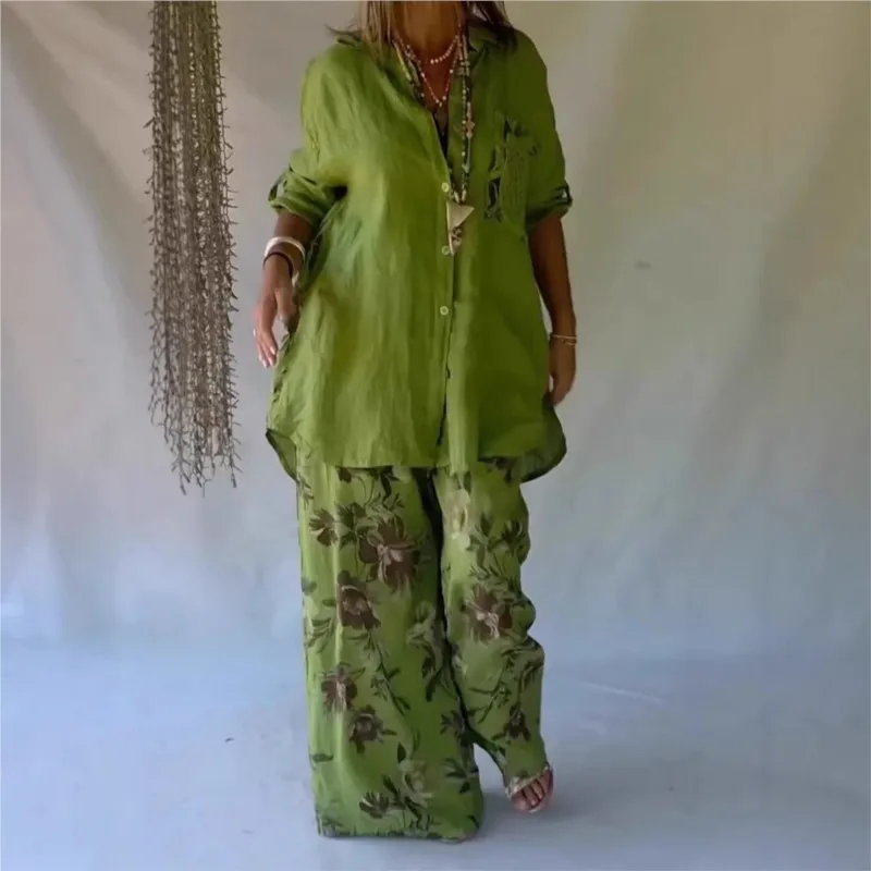 

Casual Loose Two Piece Set 2026 Summer Flower Print Solid color Button Shirt Cardigan + Wide-Leg Pants Oversize Suit Outfits