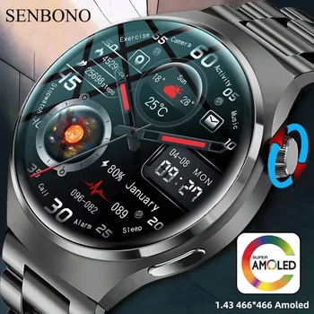SENBONO AMOLED 466*466 HD Screen Heart Rate Bluetooth Call Smartwatch Alway on DisPlay Tracker For Huawei NFC Smart Watch Men 1