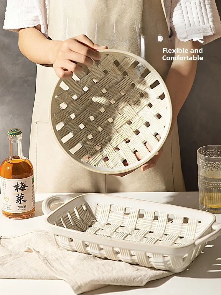 Modern Housewife Wicker Weaving Ceramic Fruit Tray Living Room Coffee Table Decoration Candy Tray Snack Fruit Basket Bowl view 5
