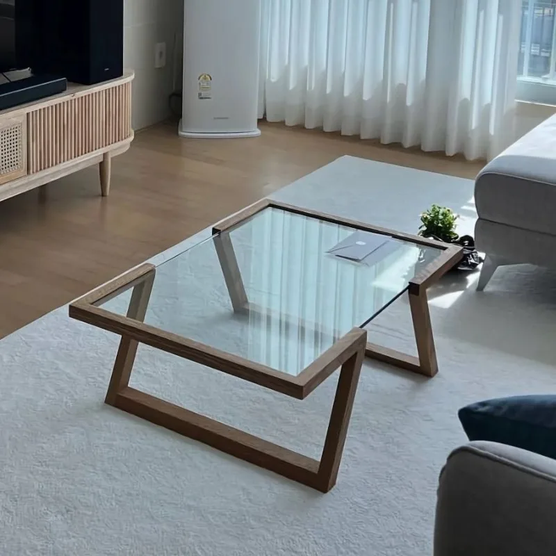 

Japanese-style solid wood transparent tempered glass small apartment household living room coffee table simple modern art mirror