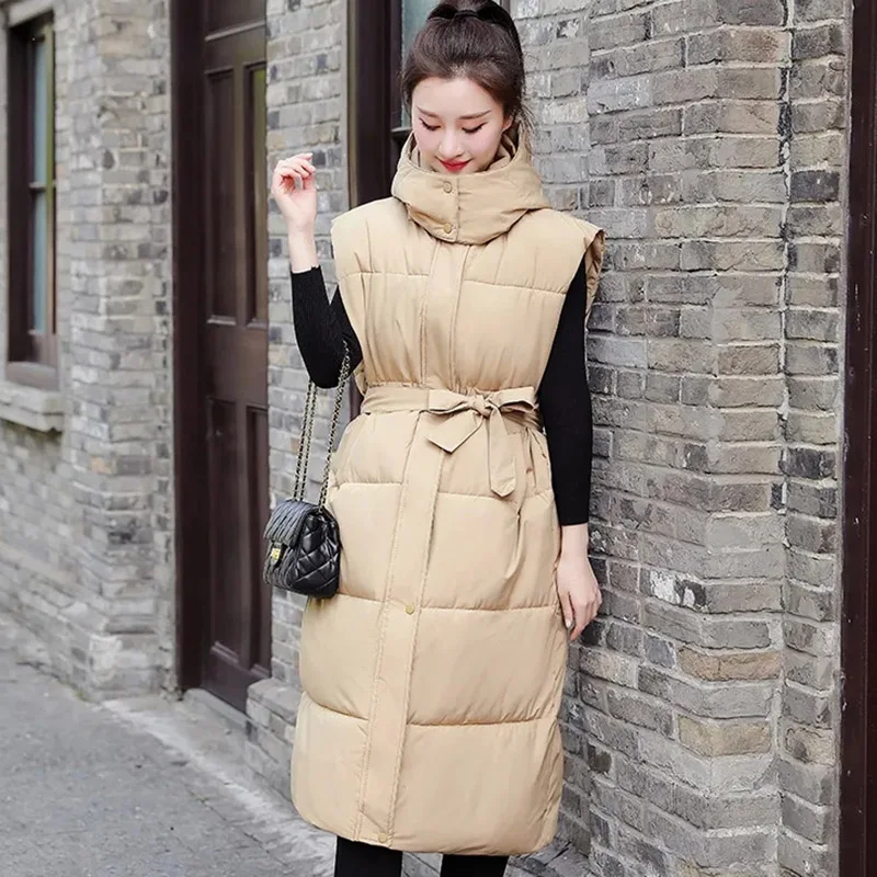 Autumn Winter Female Long Puffer Vest Sleeveless Down Cotton Coat 2024Women Long Waistcoat Korean Hood Puffer Vest Parkas Jacket