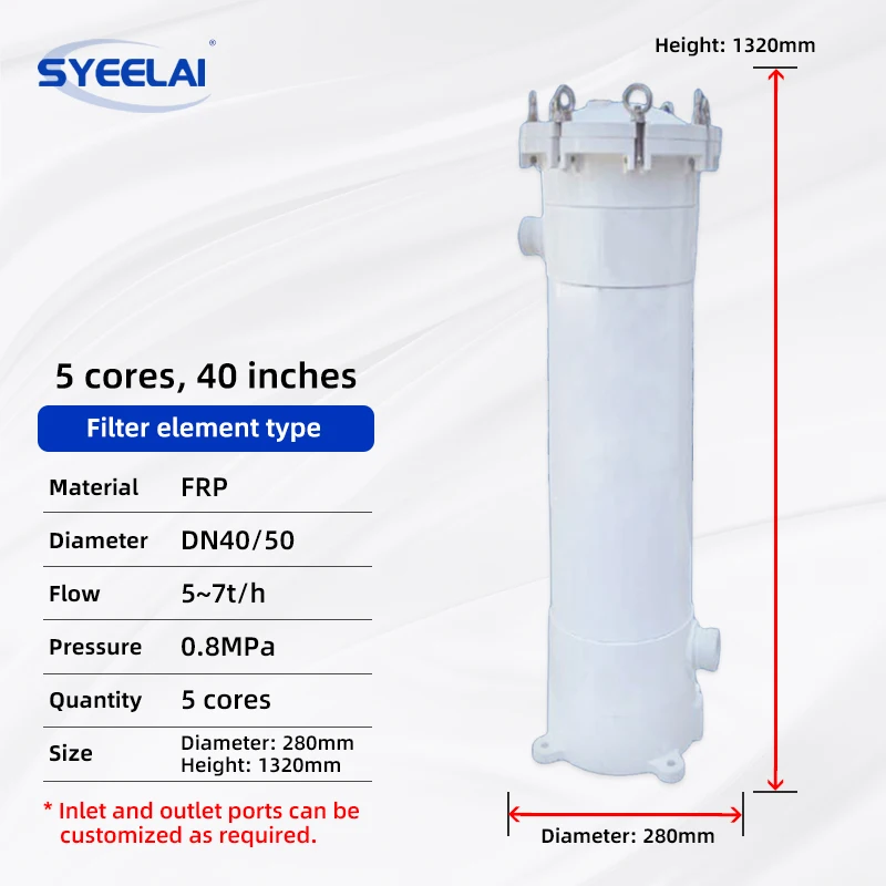 40 Inch 5-Cartridge FRP Fiberglass Precision Filter With Pressure Gauge For Industrial Pre-treated Water Filtration