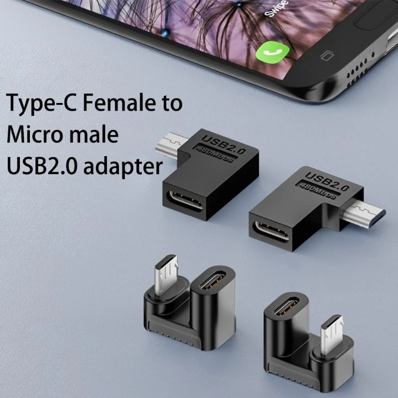 090F 마이크로 USB에서 USB C 어댑터 90도 마이크로 USB 타입 C 데이터 전송 변환