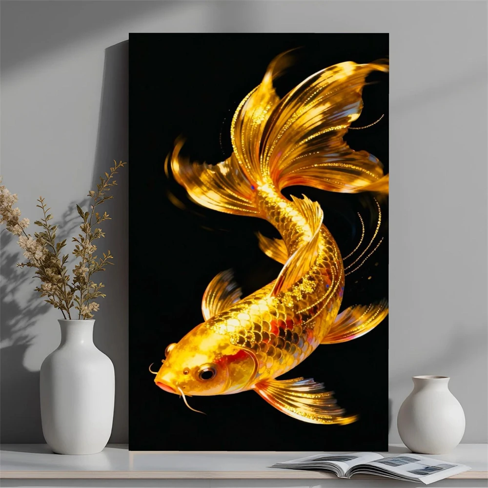 Elegant Koi Fish Canvas Wall Art Prints Gold and Black Koi Fish Canvas Painting Blue Abstract Fish Art Water Life Luxury Decor
