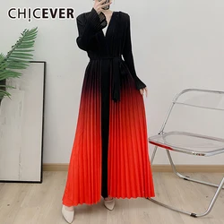 CHICEVER Gradient Color Pleated Long Coats For Women V Neck Flare Sleeves High Waist Spliced Lace Up Elegant Outwear Female 2024