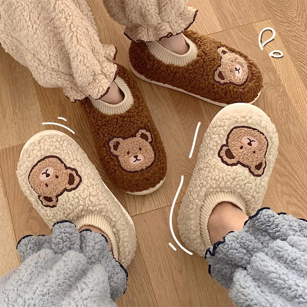 Lovely Women Slipper Warm Cotton Plush Slippers Female 2022 Winter Students Indoor Home Cute Bear Baby Cotton Shoes