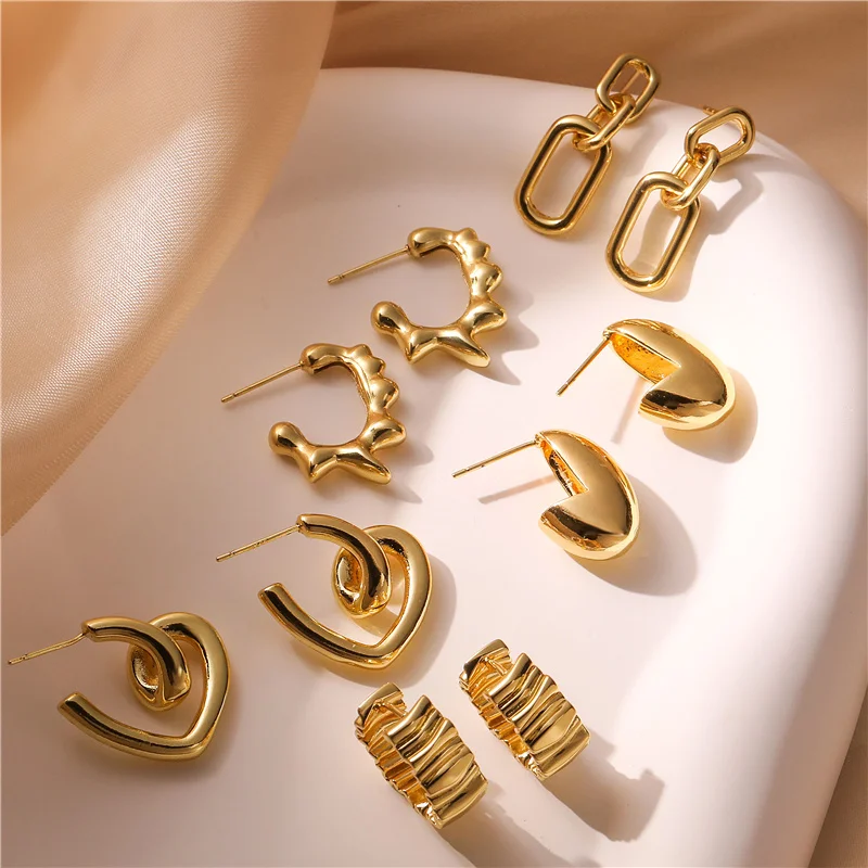 HECHENG-غير النظامية مطروق أقراط مجموعة للنساء ، الملتوية هوب أقراط ، الإبداعية مجوهرات ، الذهب اللون ، هندسية ، Vintage #1