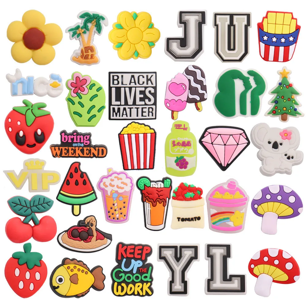 

50Pcs Wholesale PVC Cherry Popcorn Strawberry Christmas Tree Buckle Clog Children Shoe Charms Decorations Fit Phone Case