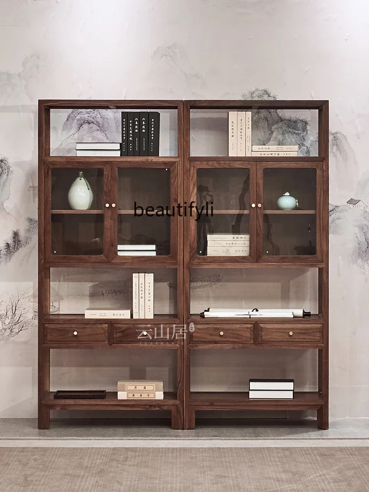 V New Chinese Style Solid Wood Bookcase Log Display Stand Floor Shelf Antique Shelf Study Tea Cabinet