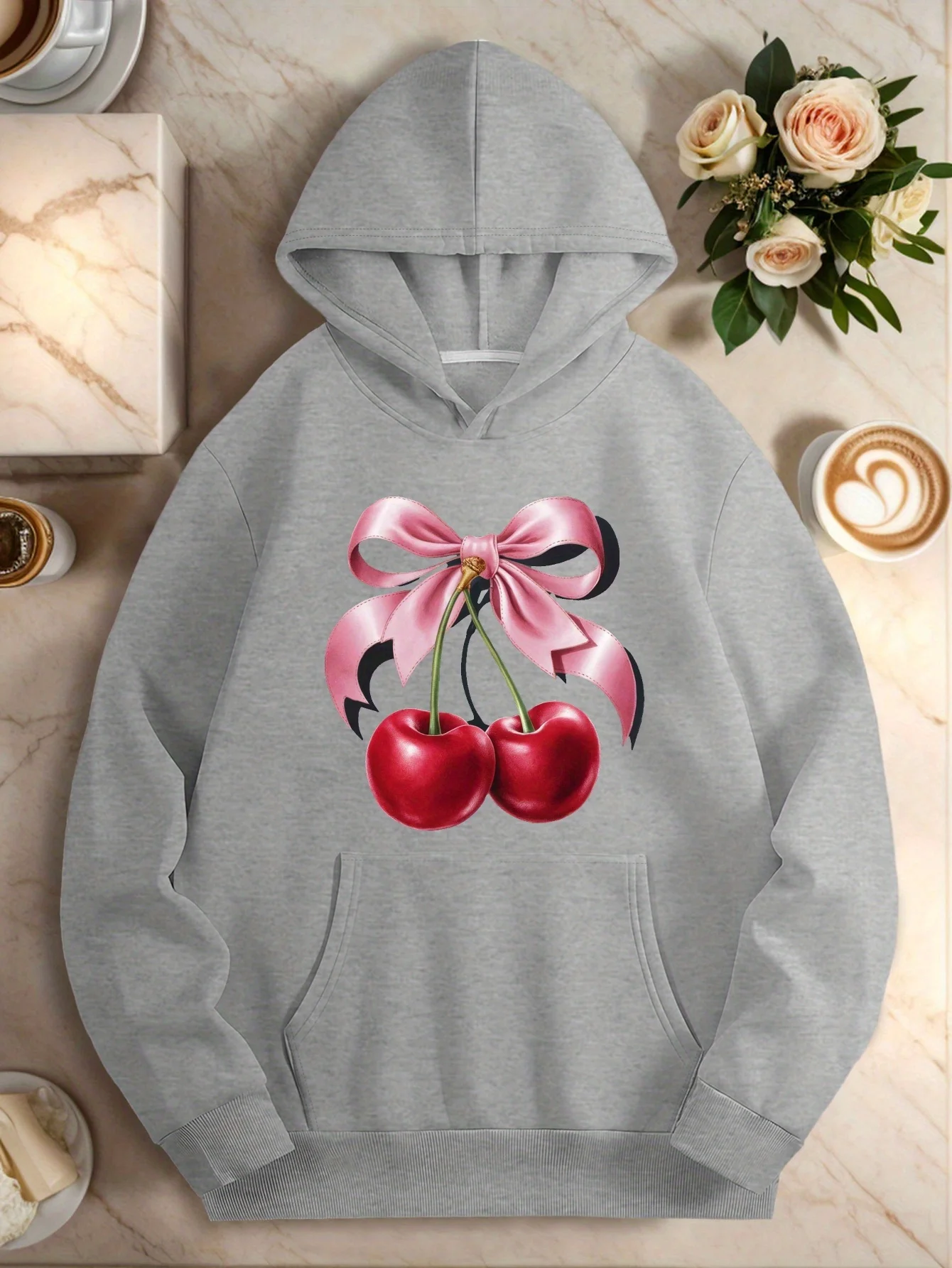 

1Pc Women's Plus Size Casual Hoodie with Geometric Cherry and Bow Design, Polyester Knit Fabric, Non-Stretch, Hooded Collar