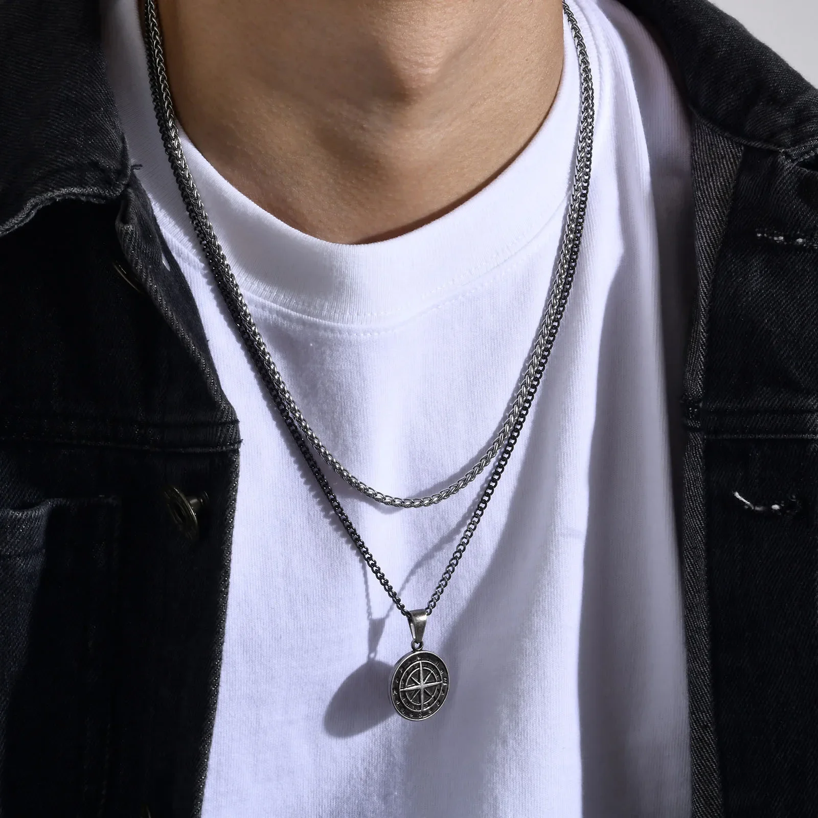 Compass Necklace for Men Layering Stacked Cuban Figaro Chain Necklaces Casual Punk Kpop Stainless Steel Jewelry Boy Collar