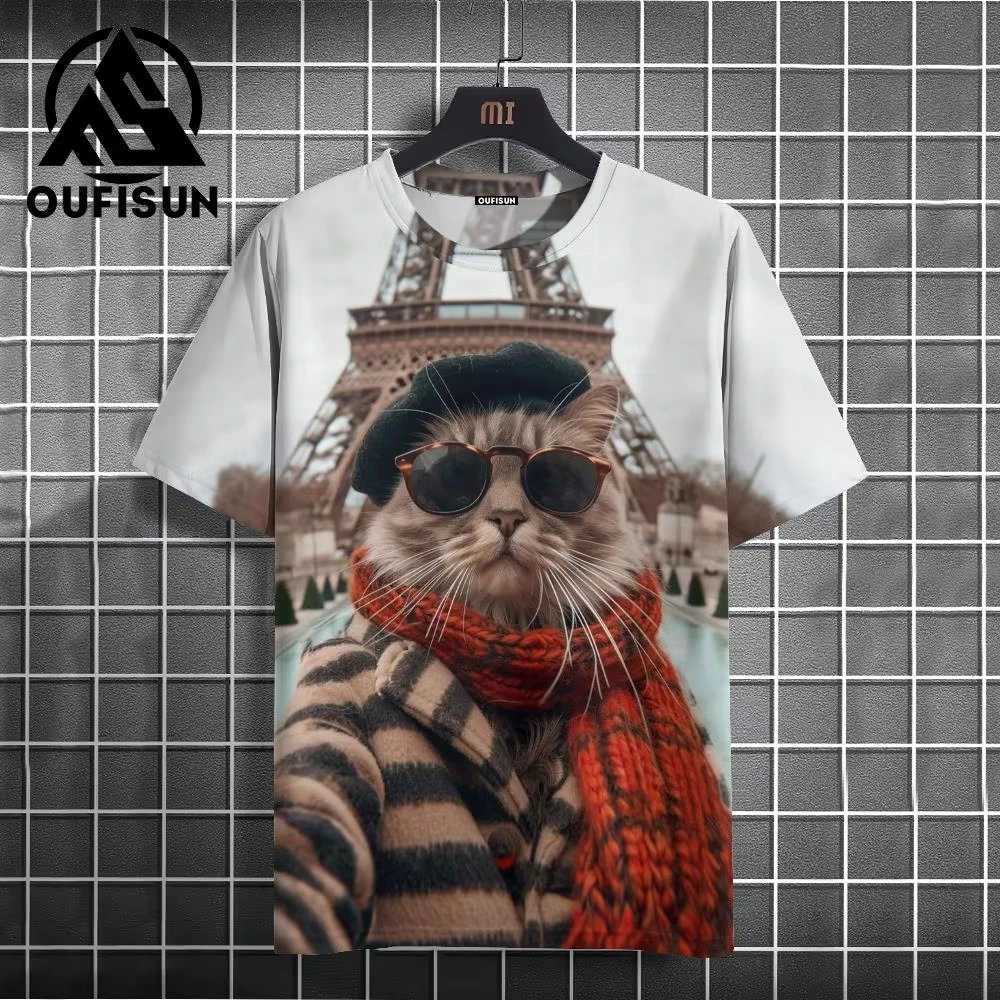 

Quick-drying animal graphics men's t-shirt cat 3D printed oversized short-sleeved men's lining is white