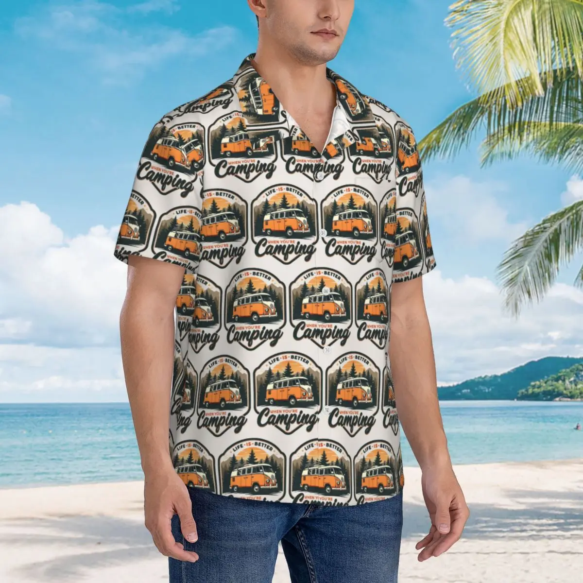 

CamperVan Happy Camper Hawaiian Shirts Funny Men Short Sleeve Shirt for Summer Beach Men's Button Tops