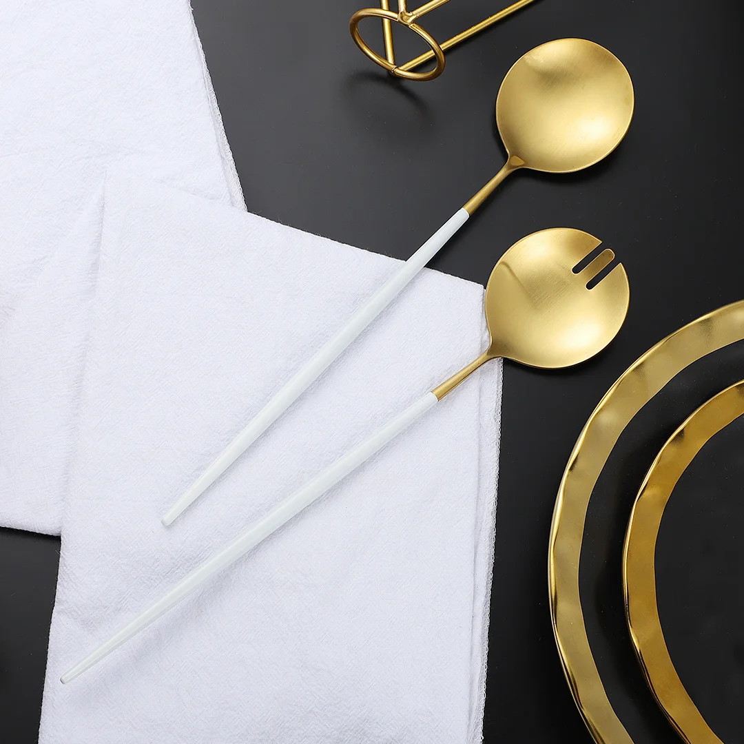 Kitchen Utensils White Gold Cutlery Salad Distributing Dishes Fork Spoon Tableware Dinnerware Service Salad Service Dropshipping