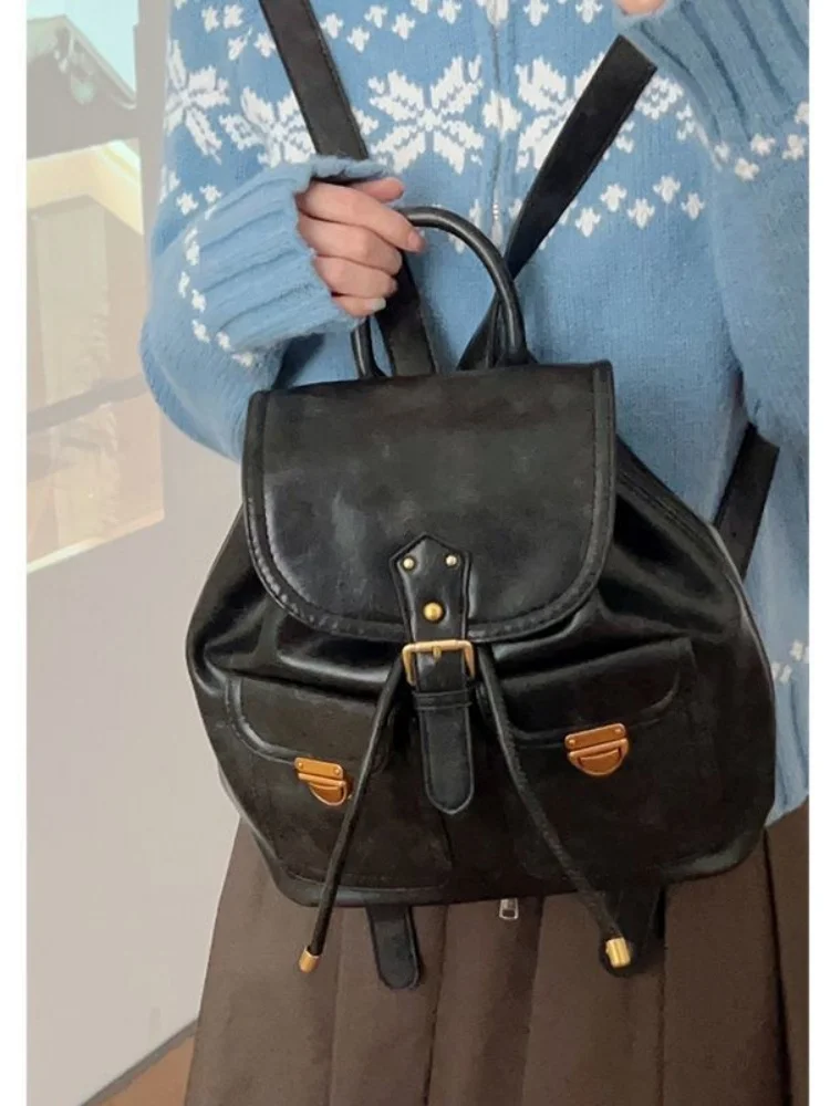 Vintage Preppy Style Pu Leather Drawstring Backpack Casual Schoolbag Handbag Student Leisure Travel Backpack