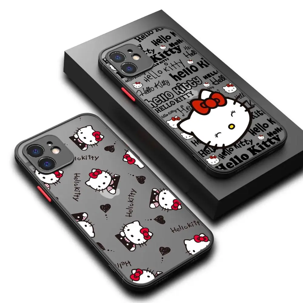 Cartoon Hello Kitty Matte Fundas Case For iPhone 15 14 13 12 11 Pro Max Mini SE2 XR XS 7 8 Plus Shockproof Silicone Clear Covers