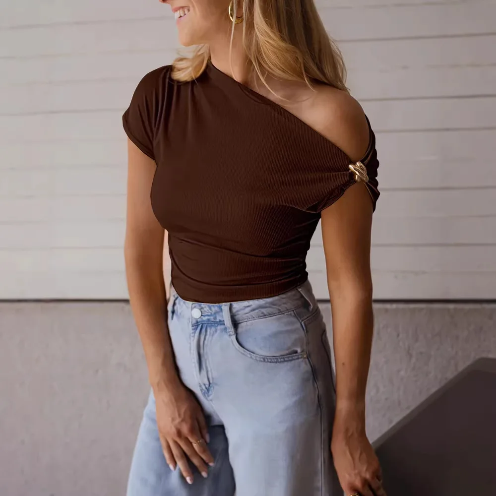 2026 New Slim-fit Pit Strip Solid Color Metal Decorative Short-sleeved T-shirt
