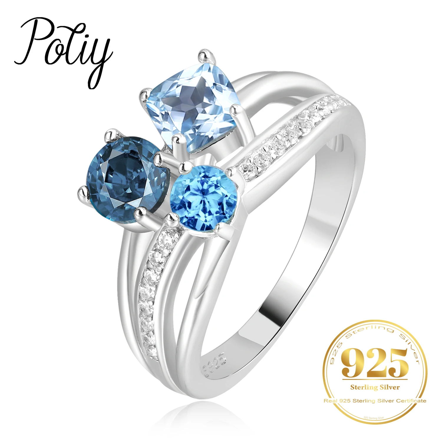 Potiy Infinity Autentyczny Naturalny Szwajcarski Londyński Błękitny Topaz Srebro Próby 925 Trzy Kamienie Luksusowy Pierścionek Damski Ekskluzywna Biżuteria