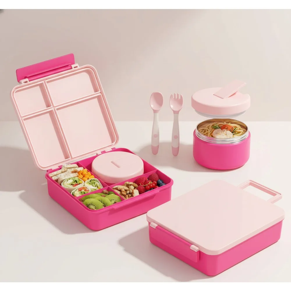 

Детский герметичный ланч-бокс Bento с термосупом на 8 унций, изолированные пищевые контейнеры с 4 отделениями для школьных путешествий - розовый
