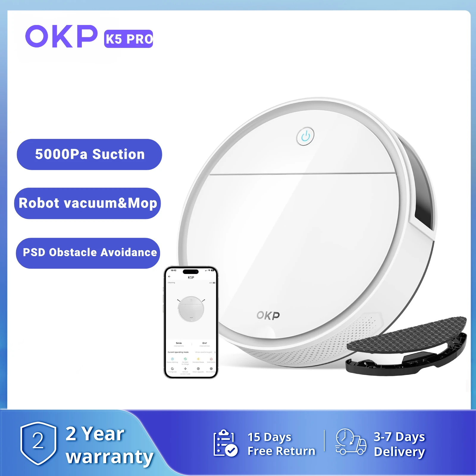 OKP K5P Robot Vacuum Cleaner, 5000Pa, 180 Mins, WiFi/App, Slim Design, Self-Charging, Perfect for Hard Floors, Pet Hair, Carpets