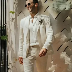 Beige Linen Men Suits Two Piece Good Quality Notch Lapel Single Breasted Casual Daily Beach Outfits Elegant Wedding Tuxedo