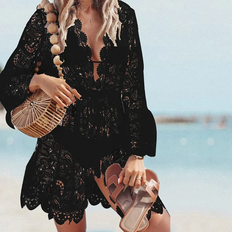 2022 New Summer Women Bikini Cover Up Floral Lace Hollow Crochet Swimsuit Cover-Ups Bathing Suit Beachwear Tunic Beach Dress Hot