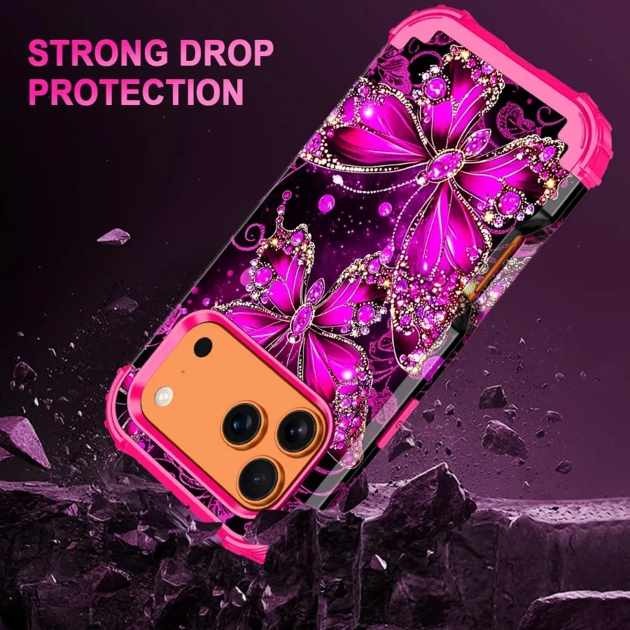 حافظة لهاتف آيفون 17 برو ماكس تتوهج في الظلام ثلاث طبقات شديدة التحمل وقوية ومضادة للصدمات حماية كاملة متينة من البولي كربونات الصلبة + ناعمة