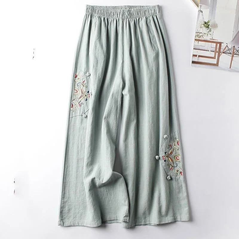 Vintage Folk Summer Cotton Hemp Thin Style Embroidery Women\'s Elastic Waist Frog Casual Loose Wide Leg Ankle Length Pants