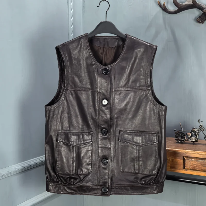 

Жилет из натуральной овчины с круглым вырезом, на одной пуговице, средней длины, свободного кроя, для женщин, осень-зима 2025, новинка