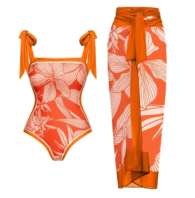 

Sexy Bow-Tie Shoulder Printed One Piece Swimsuit and Sarong Women Swimwear Push Up Bathing Suit Monokini