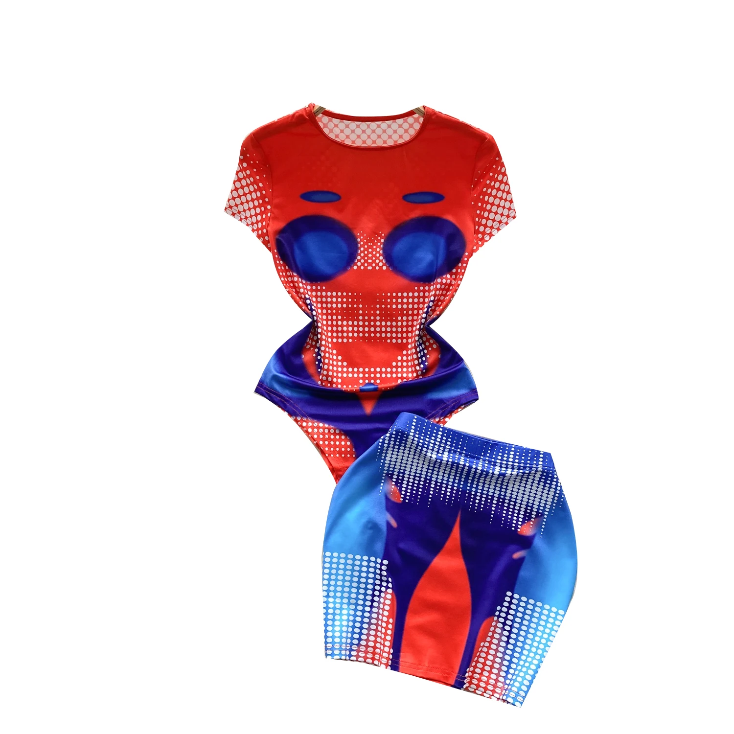 女性用ツーピースパッチワークプリントセット,半袖,ラウンドネック,伸縮性ウエスト,レトロファッション,y2k