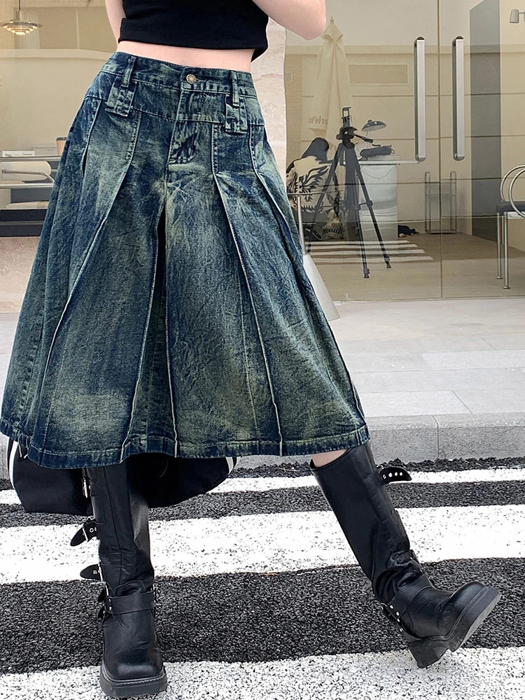 S-4XL Women Jeans Skirts Summer New High Waist A-Line Pleated Loose Casual Blue Midi Denim Skirts Female Streetwear Y2K Jeans