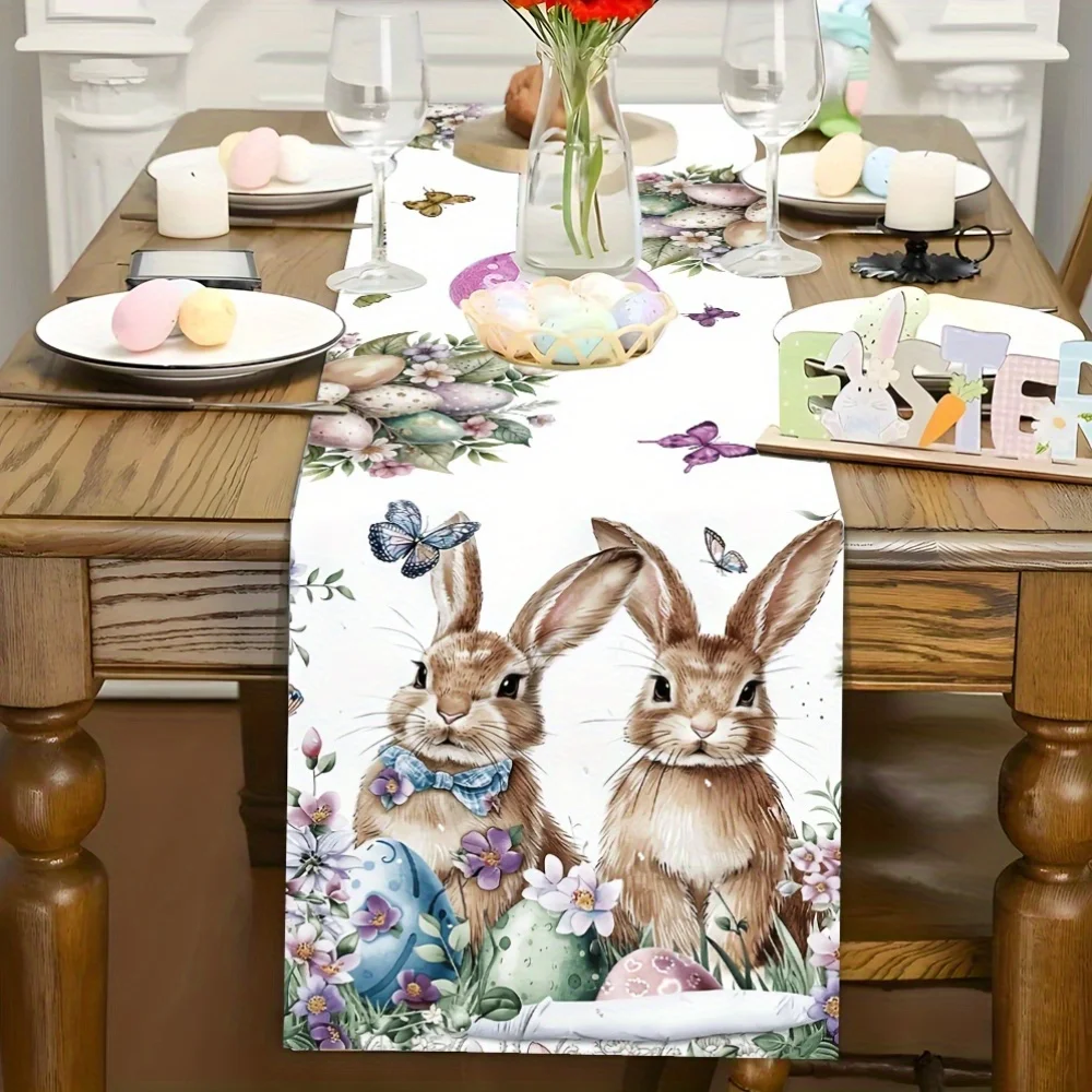 Oster-Themen-Tischläufer, Hasen- und Ei-Design Tischdekoration, Ideal für Küche, Esszimmer, Party und Outdoor-Nutzung