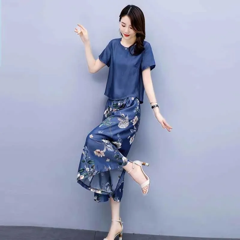 Denim Suit Female Summer 2024 New Internet Celebrity Printing Wide Leg Pants Leisure Fashion Back Elastic Pants Two Piece Set