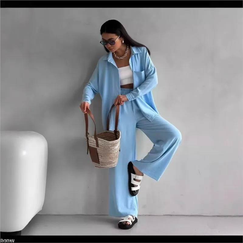 

2025 European and American women's pure color cardigan pocket leisure wide-leg long pants suit long sleeve two-piece set