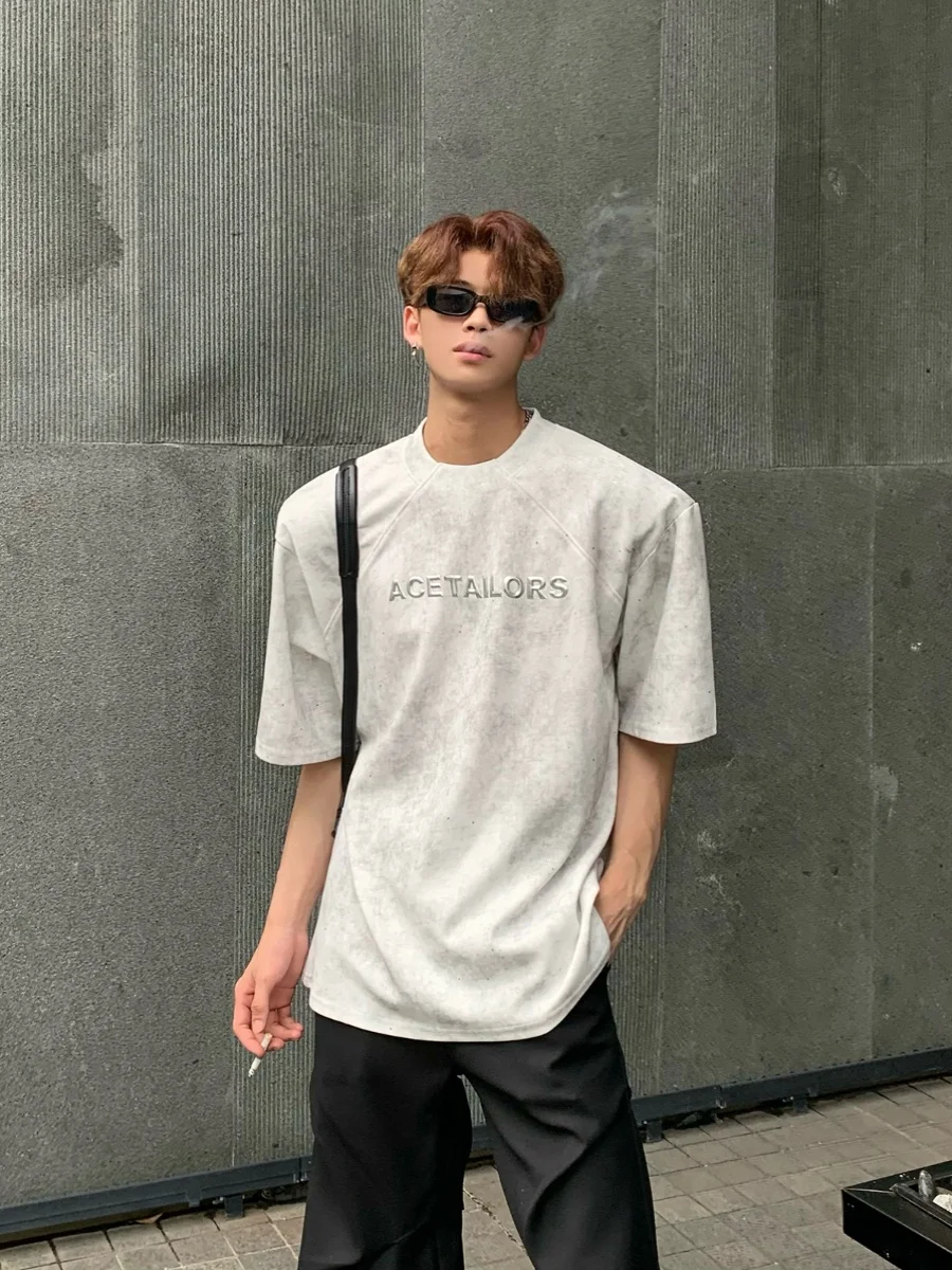 

AETS Original Design Men's T-shirt Summer Fashion Metal Letter Print Slim Fit Heavyweight Short Sleeve round Neck Top