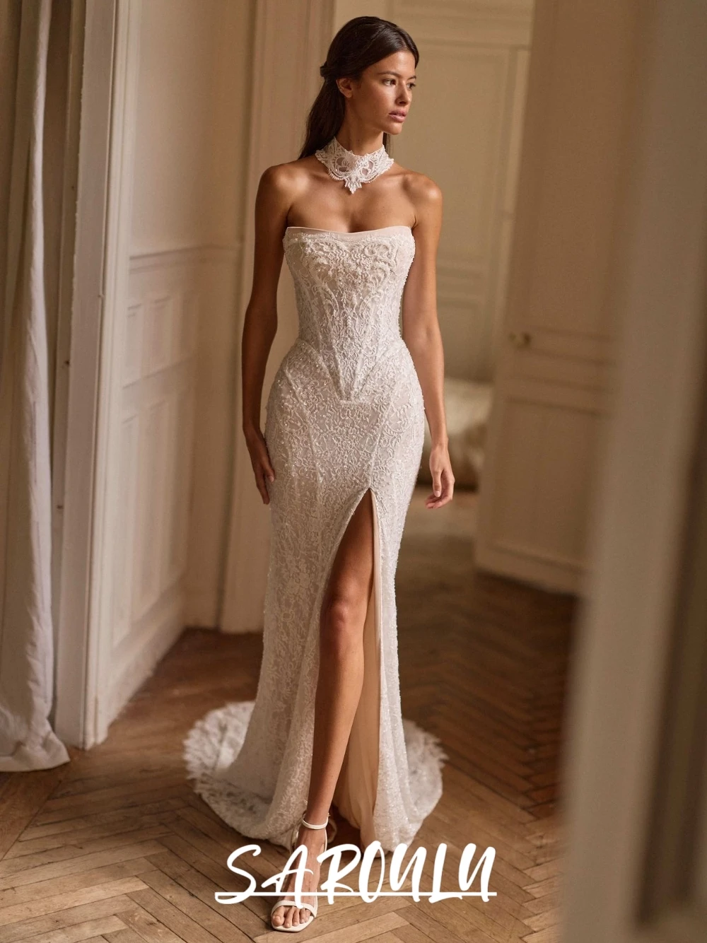 Newest Strapless Mermaid Wedding Dress, Glitter Lace Slim Fit Bridal Gown, Romantic Popular Beaded Bride Wear, Customized