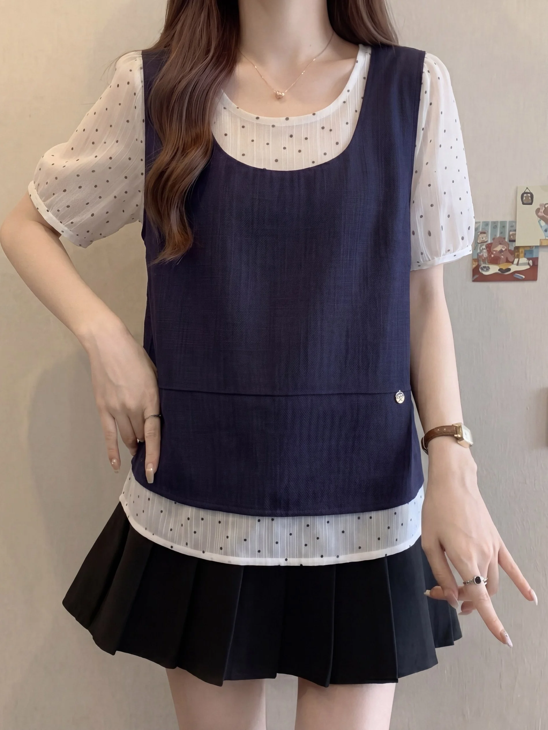 

Loose Korean Style Polka Dot Short Shirt Blue Vest plus Size Slimming Summer Two-Piece Set Casual Splice Breathable Skin-Frie...