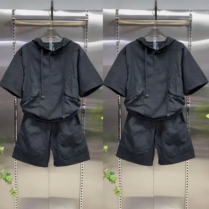 2026 New Summer Men's Casual Sports 2 Piece Set Hooded Short Sleeve Tops Patchwork Shorts Loose Fashion Versatile Suits