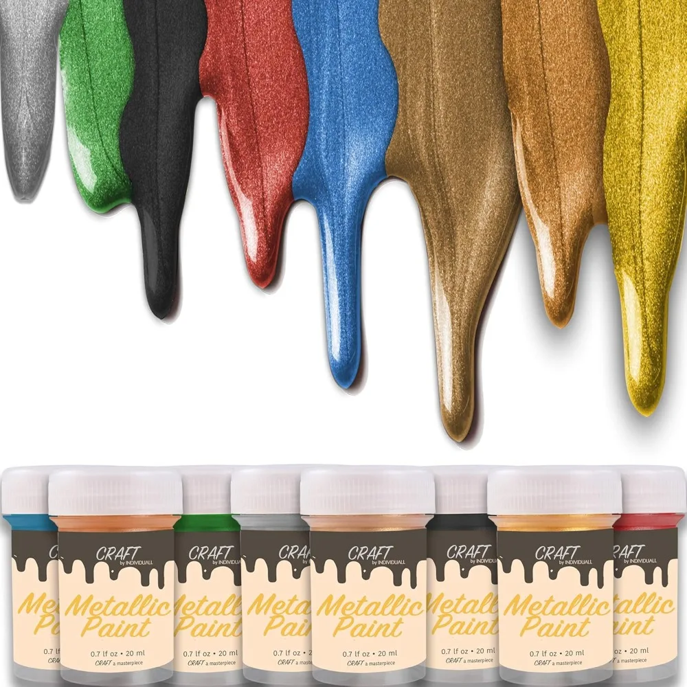 Metallic Paint  Set of 8  Multicolor + Gold Silver Bronze Copper  Shiny Metallic Effect  Premium Acrylic Paint Extreme High