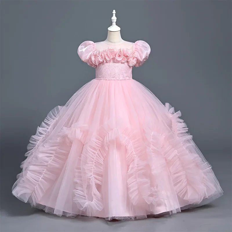

Платье принцессы для девочек, тюлевое платье с пышными рукавами и рюшами, детский наряд для торжественной вечеринки, свадьбы, элегантное бальное платье