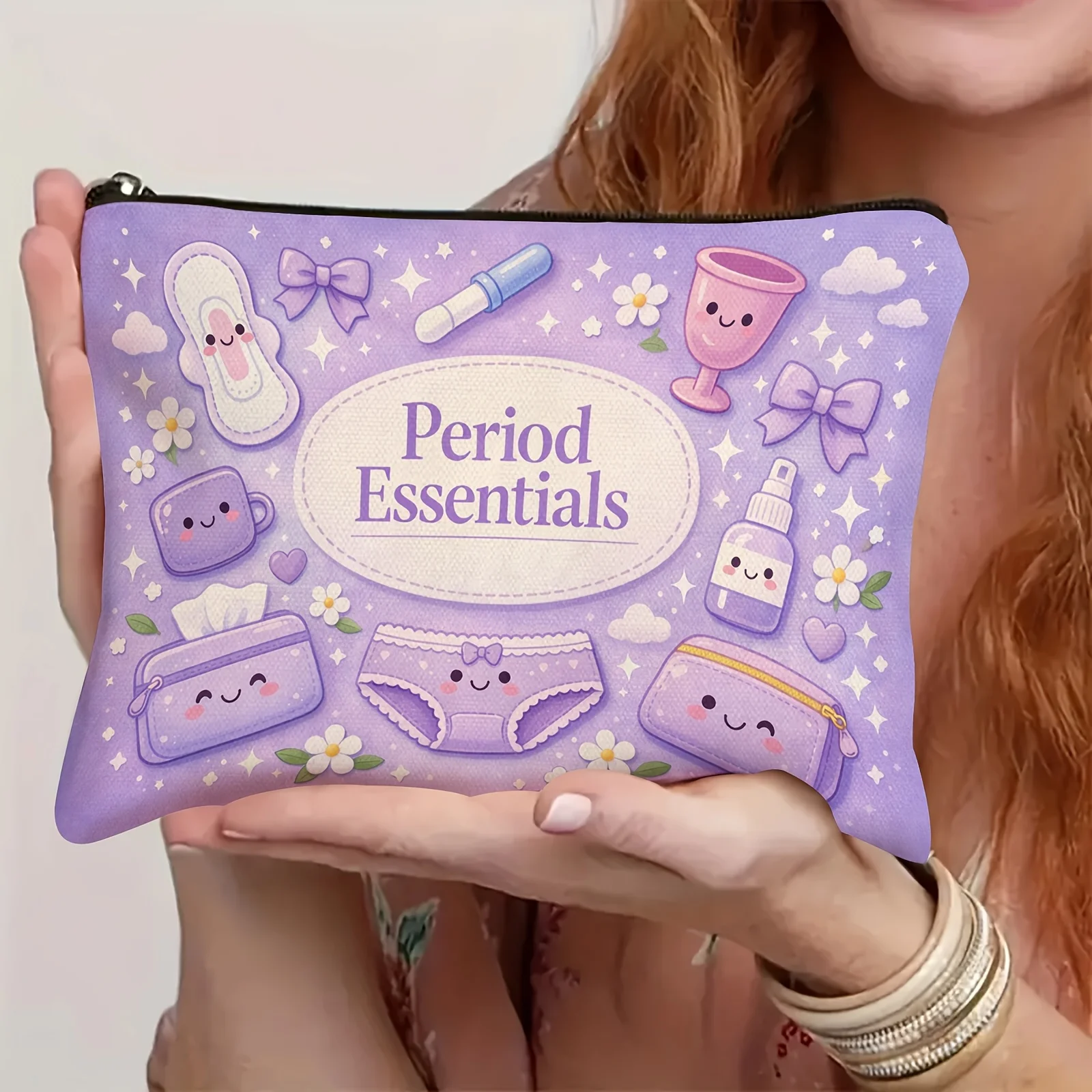 Essential Period Organizer Bag, Cute Cartoon Pads Pattern Makeup Bag, Travel Washbag Multi-Functional Storage Bag Gift for Women