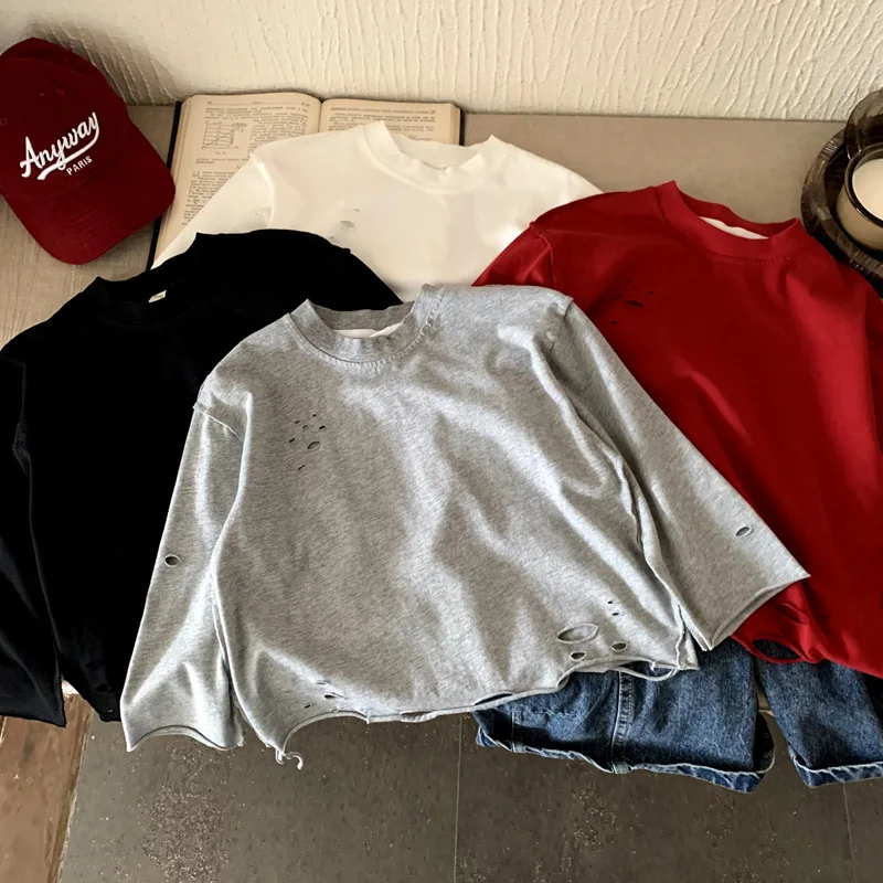 

Boys T-shirt 2025 Autumn Spring Fashion Handsome Trendy Versatile Loose Solid-color Distressed Long-sleeve Tee