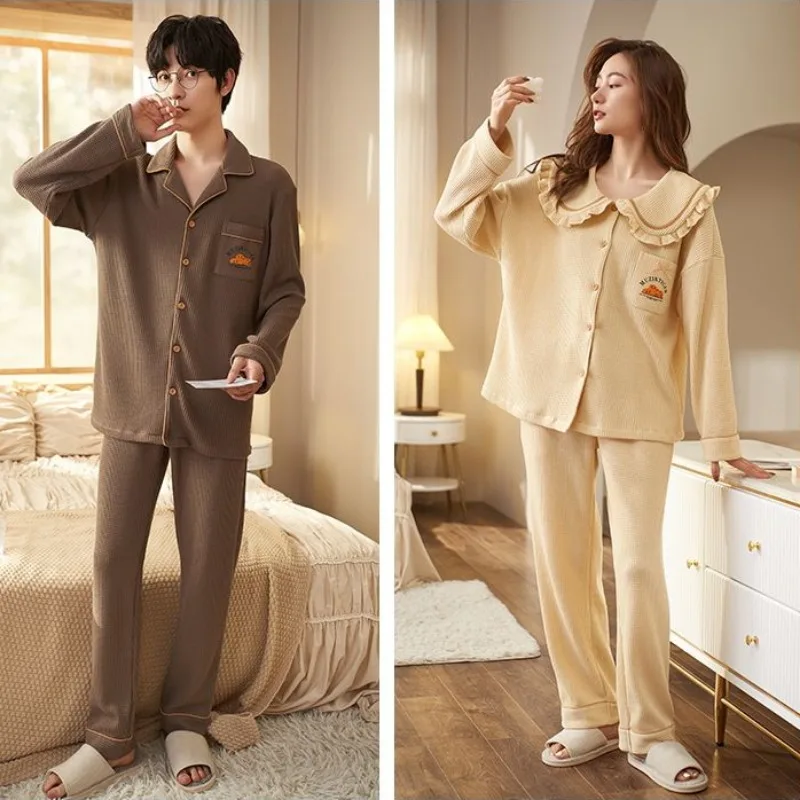 2024 New Princess Pajamas Autumn Cute Doll Collar Loungewear Pure Cotton Waffle Ladies' Sleepwear Couple Style Loose Homewear