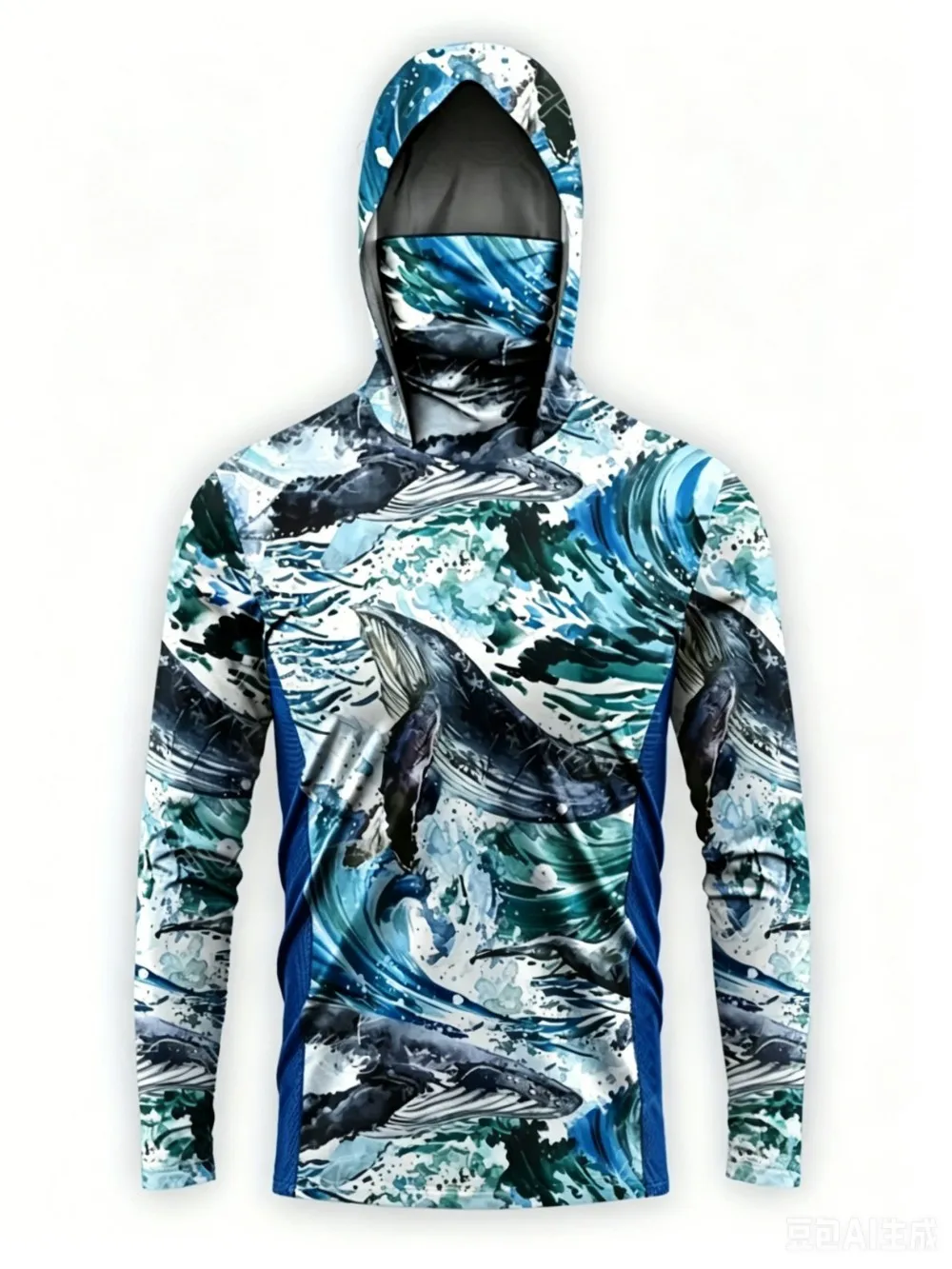 Marine Fish Print Men Fishing Hooded Shirt Built‑in Face Cover UPF50+ Sun Protection Quick‑Dry Long Sleeve Outdoor Tops