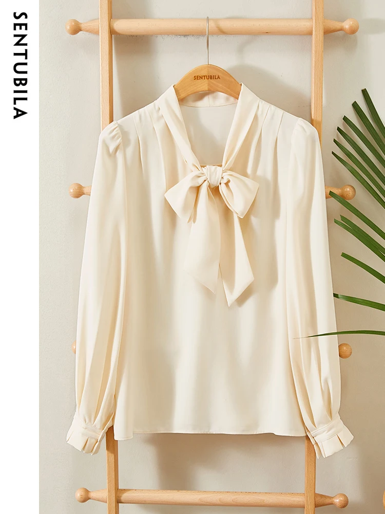 SENTUBILA Elegant Bow Neck Shirts & Blouses Women 2024 Office Lady Fashion Frenchy Long Sleeve Tops Woman Clothing 131V47412